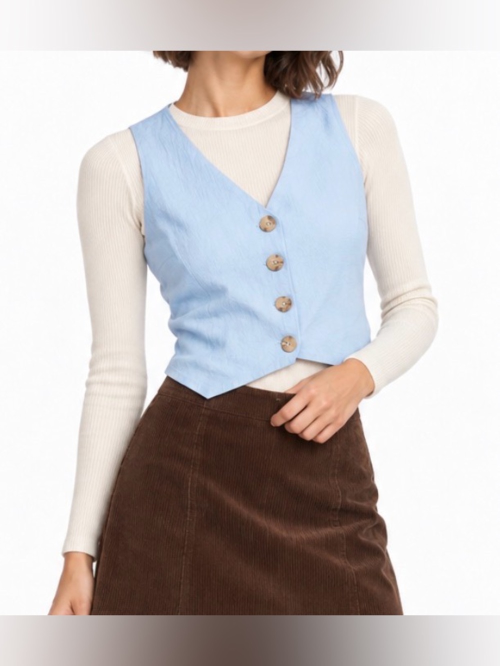 Cider Light Blue V-Neck Button Crop Top